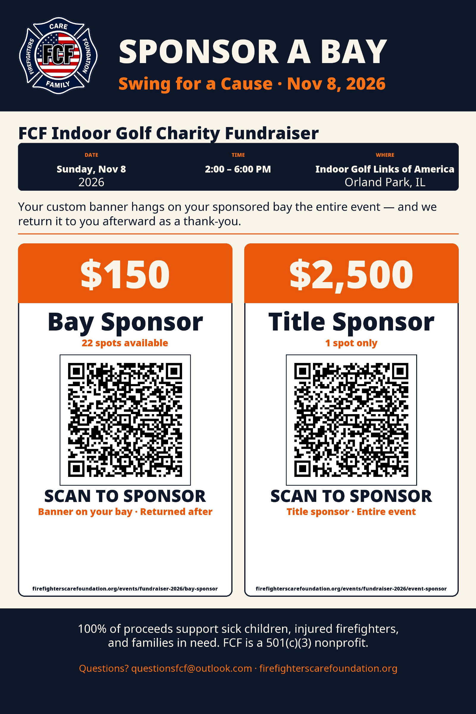 FCF Swing for a Cause sponsor flyer with Bay Sponsor and Title Sponsor QR codes