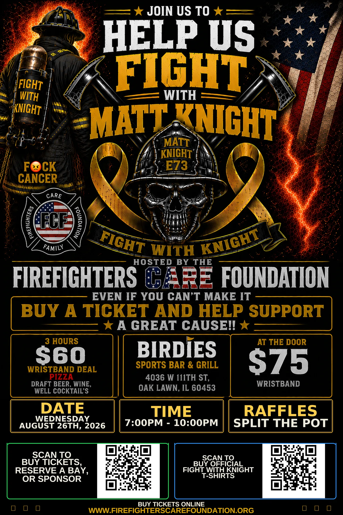 Fight with Knight fundraiser flyer — hosted by the Firefighters Care Foundation at Birdies Sports Bar & Grill, 4036 W 111th St, Oak Lawn, IL. Wednesday, August 26, 2026, 7:00–10:00 PM. $60 three-hour wristband (pizza, draft beer, wine, well cocktails) or $75 at the door. Golf bay with 1 wristband included for $160, only 5 available. Long-drive and closest-to-the-pin competitions, raffles, and split the pot.