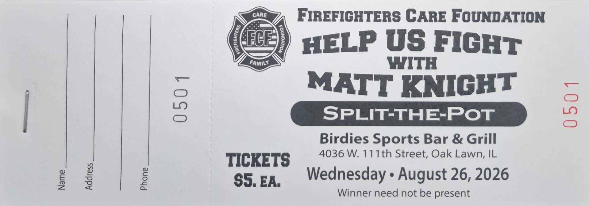 Help Us Fight with Matt Knight Split-the-Pot ticket — $5 each, Wednesday August 26, 2026 at Birdies Sports Bar & Grill