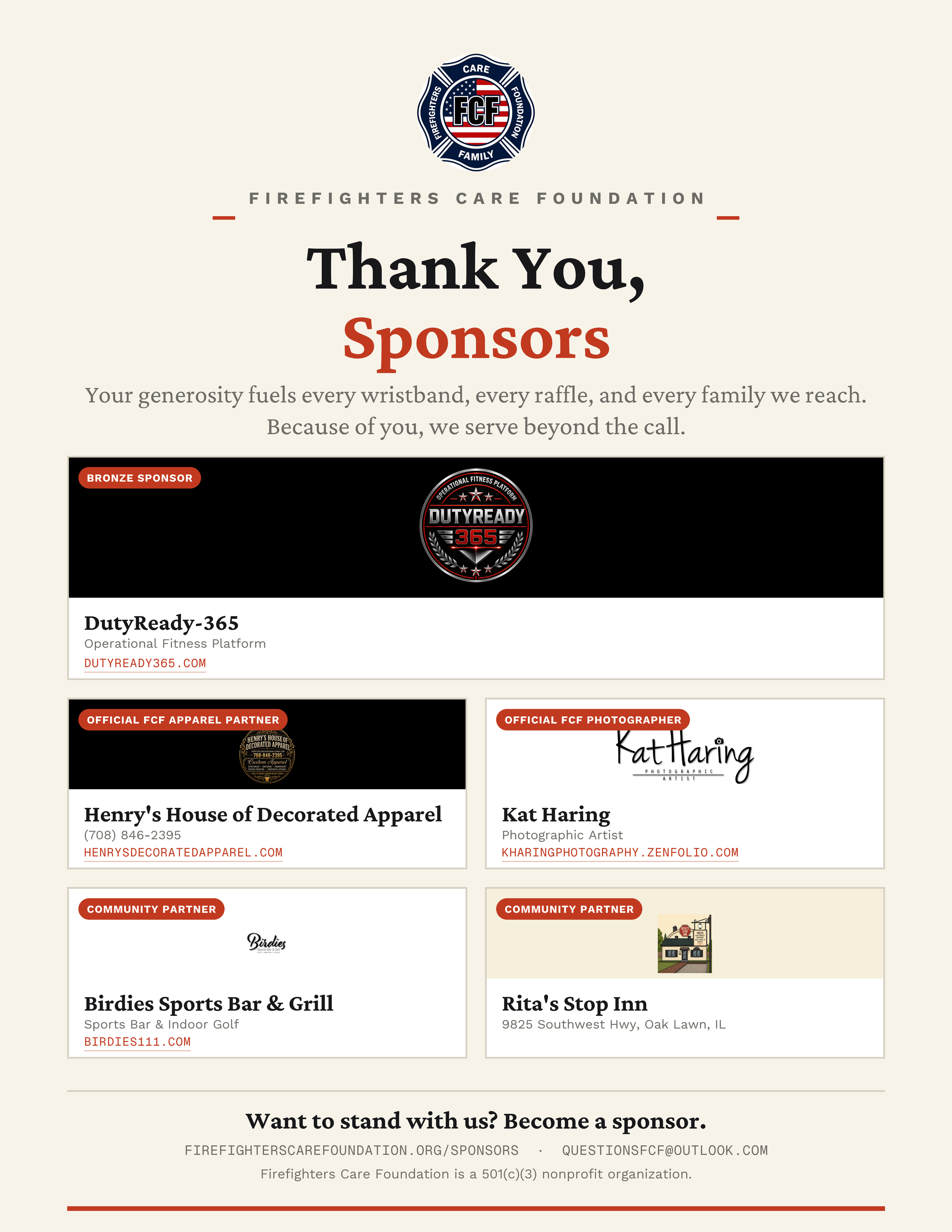 Firefighters Care Foundation Thank You Sponsors flyer featuring all sponsor logos and websites