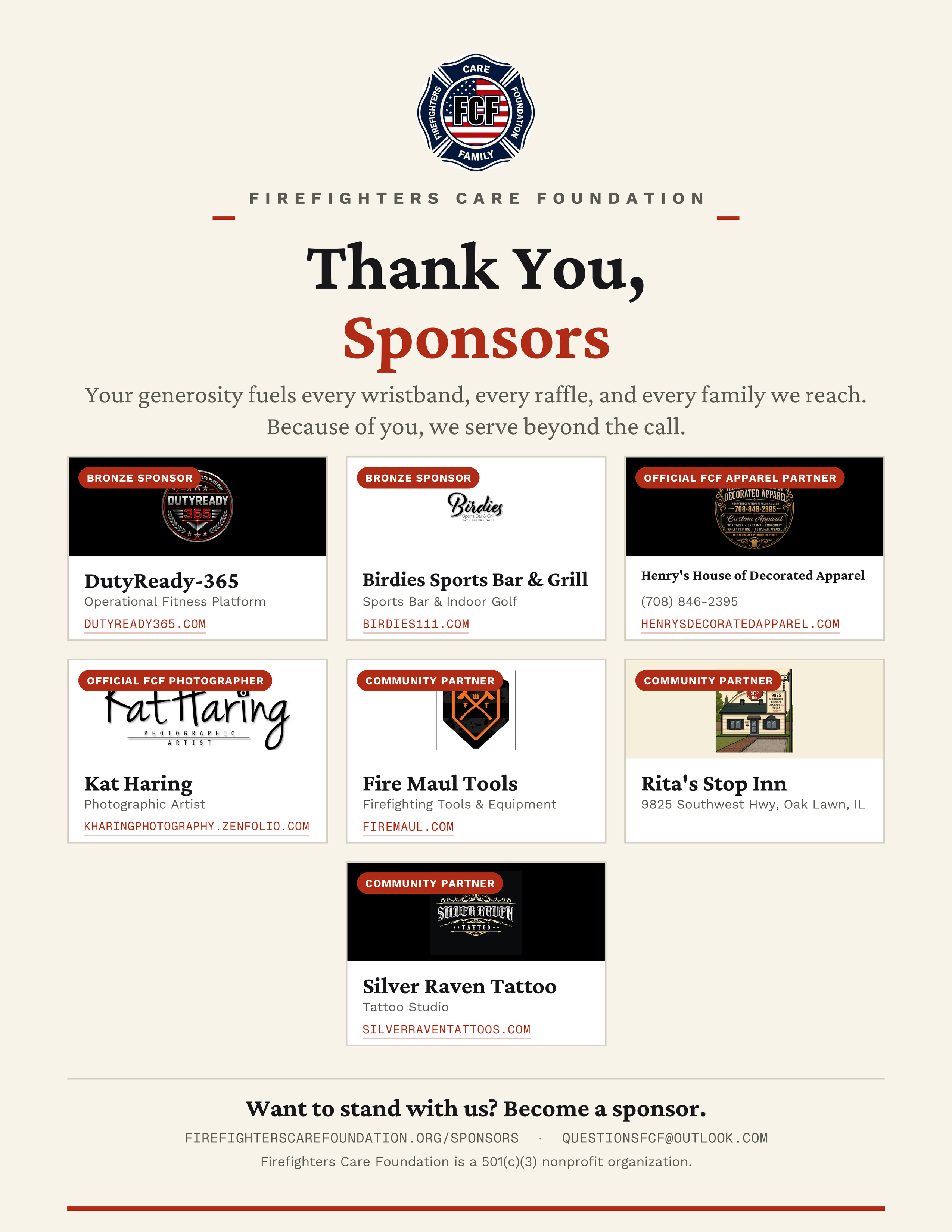 Firefighters Care Foundation Thank You Sponsors flyer featuring all sponsor logos and websites