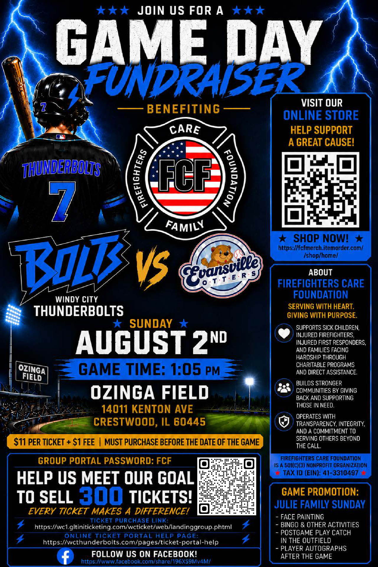 Windy City Thunderbolts vs Evansville Otters — Firefighters Care Foundation Game Day Fundraiser, Sunday August 2 at 1:05 PM, Ozinga Field, Crestwood, IL.
