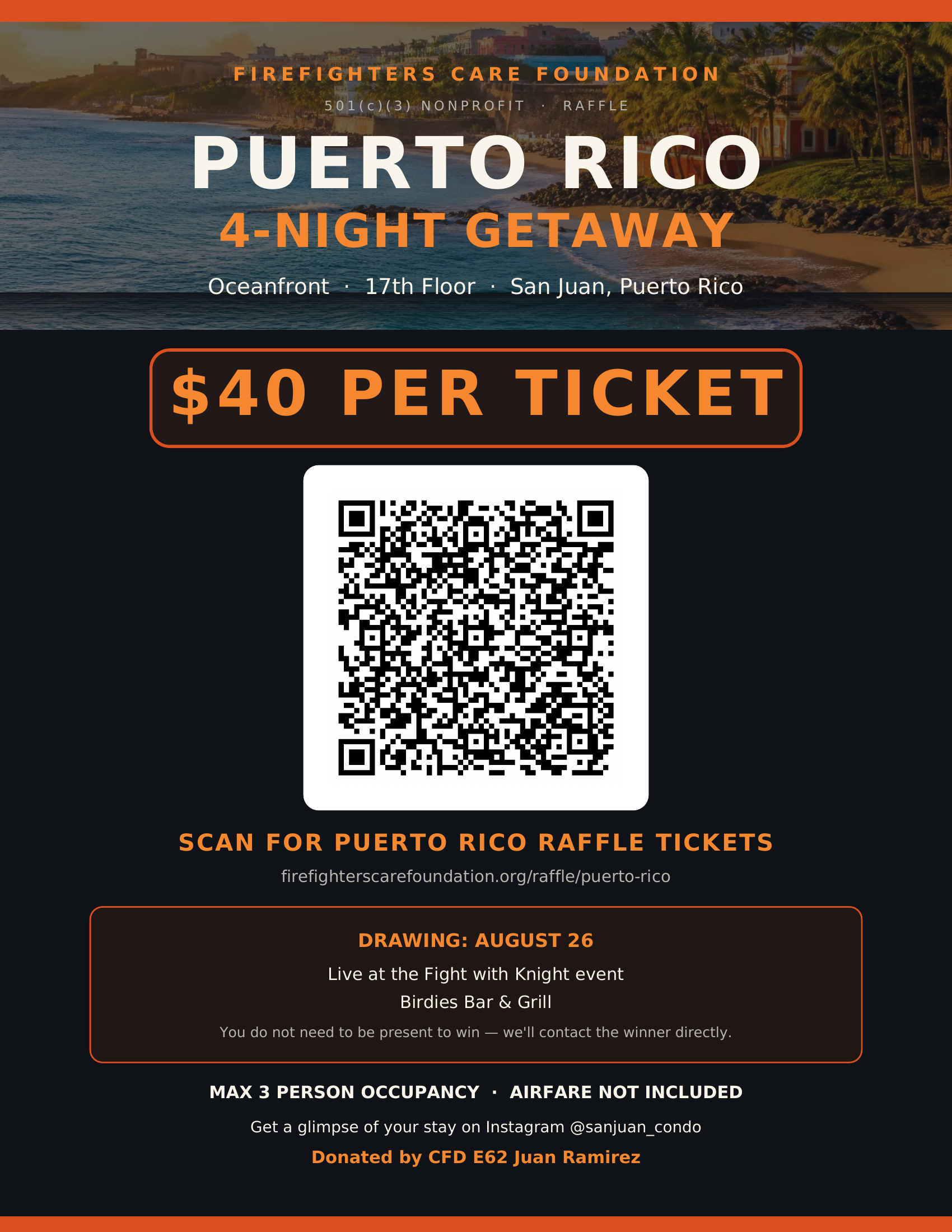 Puerto Rico 4-night oceanfront getaway raffle flyer with a QR code that opens the $40 per ticket checkout — max 3-person occupancy, airfare not included, drawn August 26 at Fight with Knight