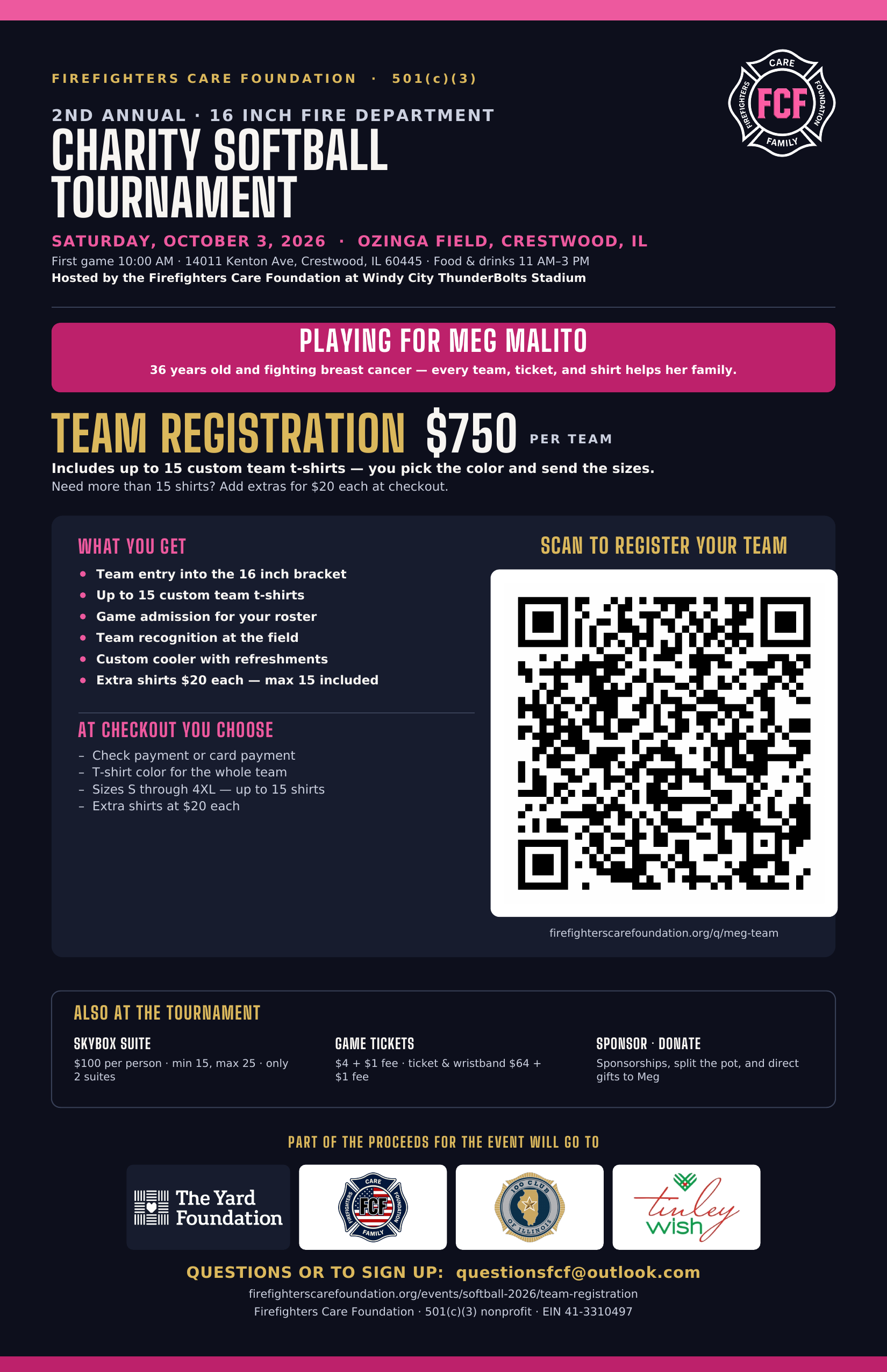 Play for Meg charity softball team registration flyer